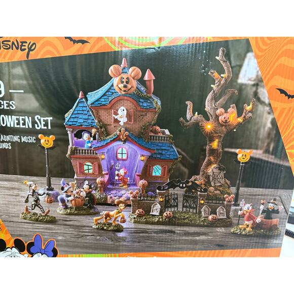 Disney Halloween Village Set 9 Pc Resin LED Haunted Music Minnie Mickey Pumpkins - Picture 3 of 11